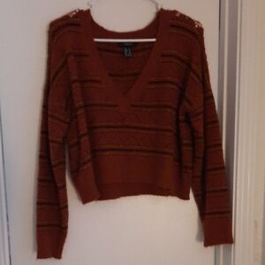 Brown V-Neck Cropped Sweater with Stripes